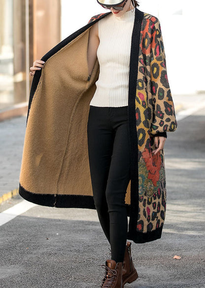 Organic Leopard Loose Print Fall Knit Long Sleeve Cardigan