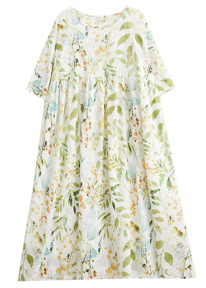 Organic Light Green O-neck Print Wrinkled Maxi Dress Half Sleeve