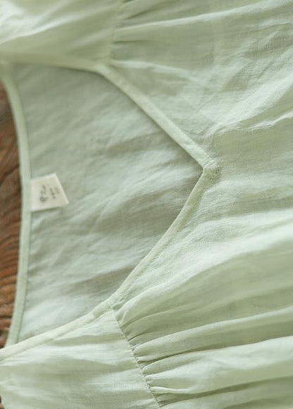 Organic Light Green V Neck Pockets Ankle Summer Linen Dress