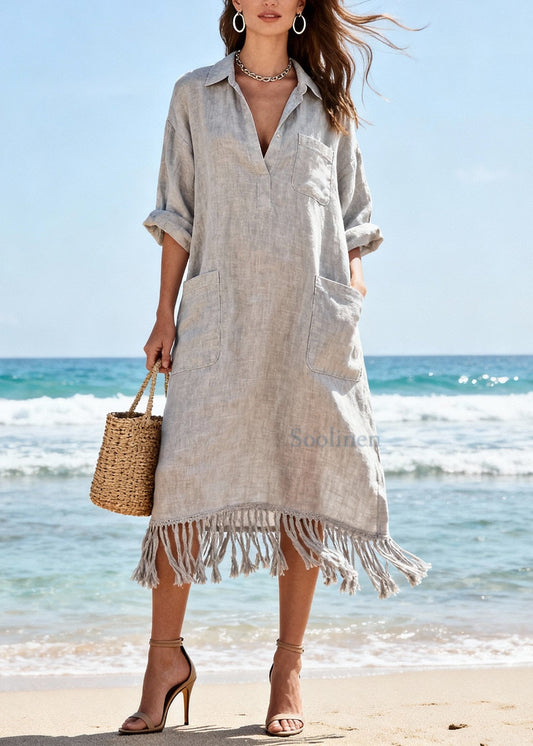 Organic Light Grey Tasseled Pockets Cotton Long Dress Spring