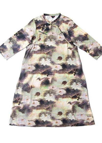 Organic Lotus Quilting Dresses Stand Collar Chinese Button Robes Spring Dresses