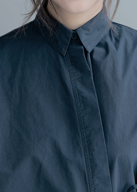 Organic Navy Cinched Cotton Blouses Half Sleeve