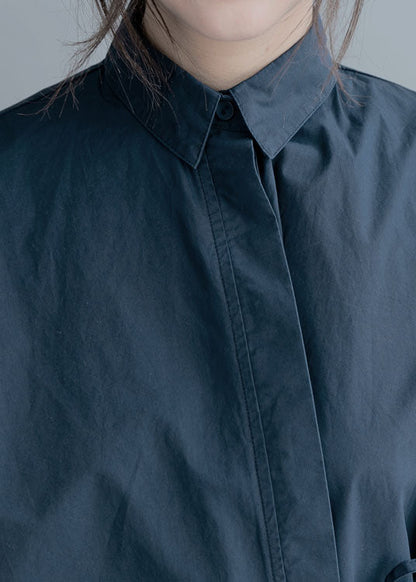 Organic Navy Cinched Cotton Blouses Half Sleeve