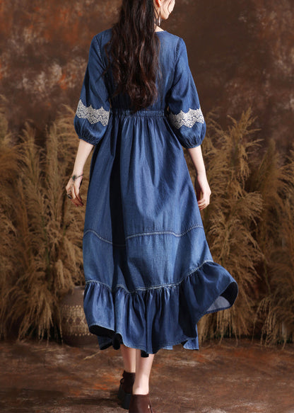 Organic Navy O-neck Wrinkled Elastic Waist Long Denim Dresses Bracelet Sleeve