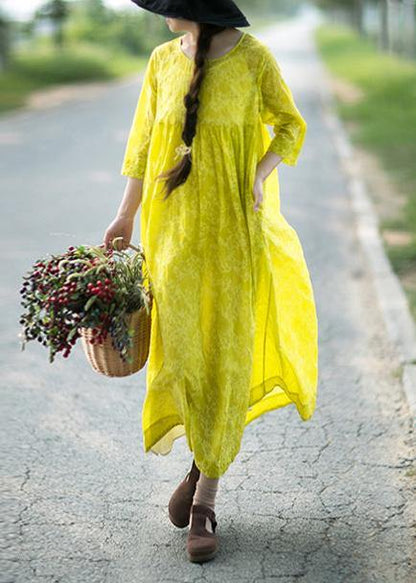Organic O Neck Cinched Long Shirts Lnspiration Yellow Print Kaftan Dresses