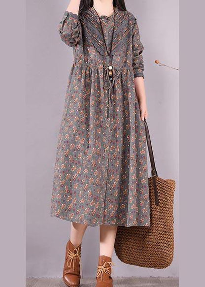 Organic O Neck Patchwork Spring Tunic Pattern Shirts Gray Print Maxi Dresses