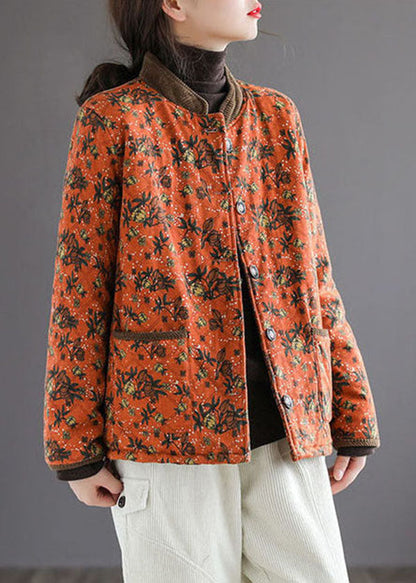 Organic Orange Stand Collar Print Warm Fleece Jacket in Winter