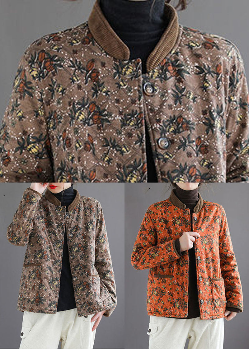 Organic Orange Stand Collar Print Warm Fleece Jacket in Winter