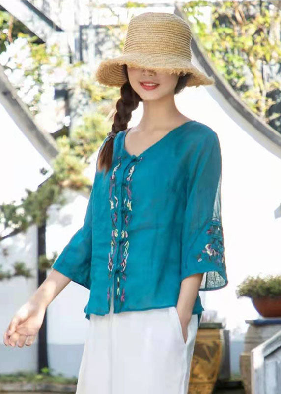 Organic Peacock Blue Embroideried Linen Top Three Quarter Sleeve