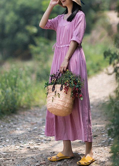 Organic Pink Clothes for O Neck Drawstring Summer Dresses