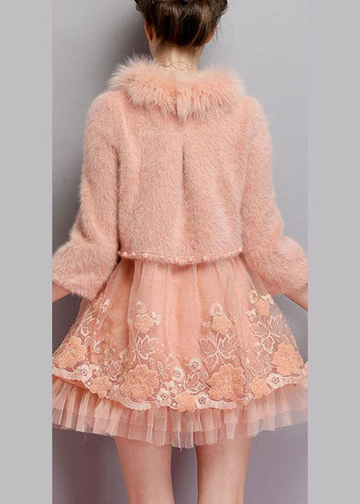 Organic Pink Embroideried Nail Bead Winter Sweaters Dress