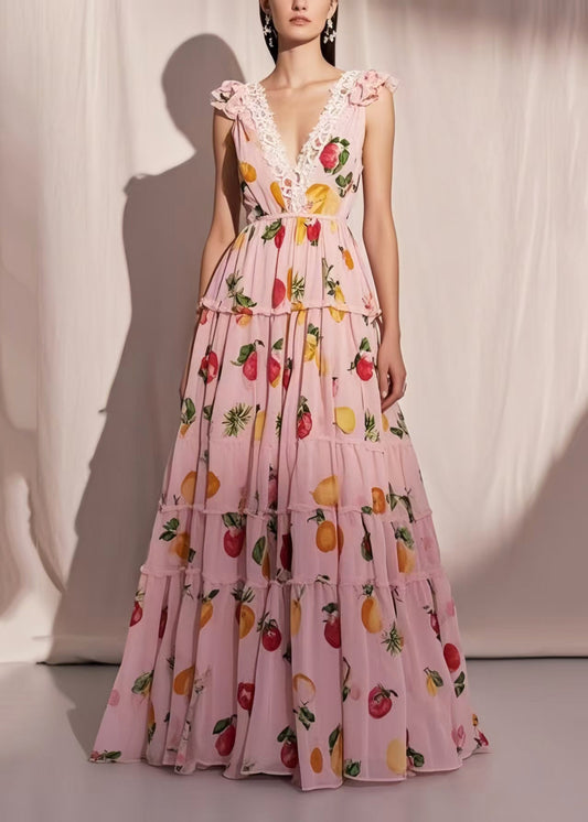 Organic Pink Fruit Print Exra Large Hem Chiffon Maxi Dresses Summer