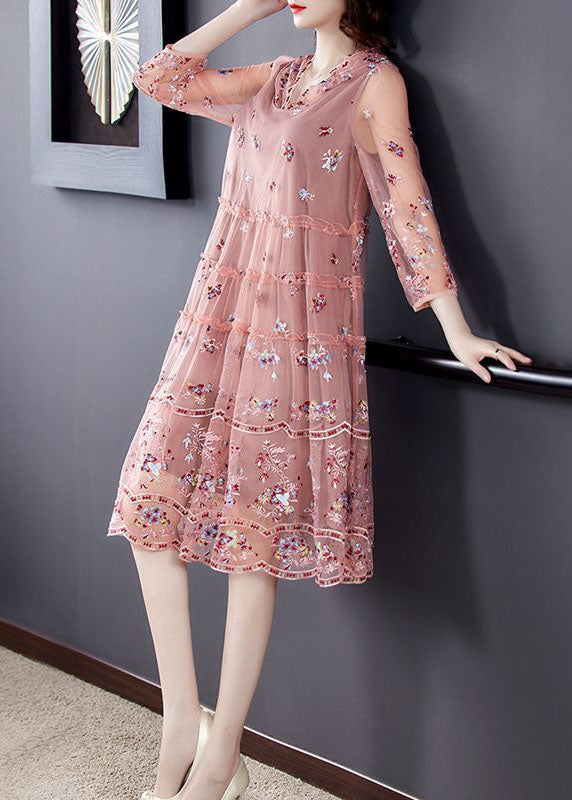 Organic Pink Hooded Embroideried Tulle a Line Dress Summer