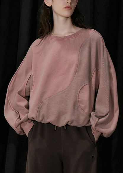 Organic Pink O Neck Patchwork Cotton Sweatshirts Top Fall