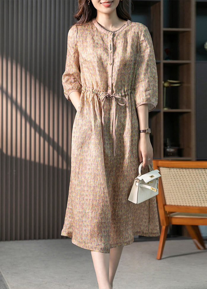 Organic Pink O-neck Print Drawstring Linen Maxi Dresses Summer