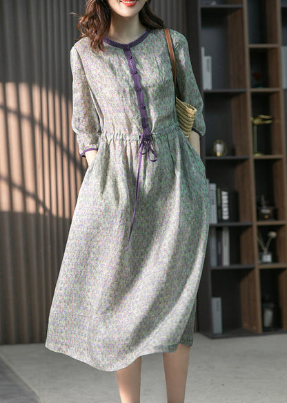 Organic Pink O-neck Print Drawstring Linen Maxi Dresses Summer