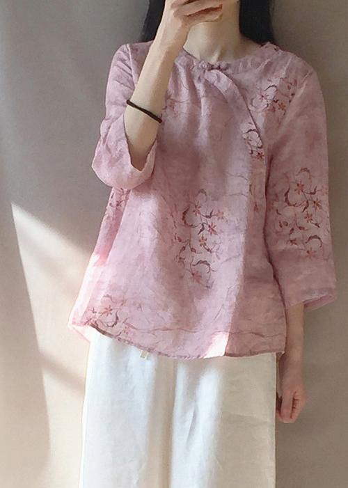Organic Pink Print Blouses for O Neck Chinese Button Daily Tops