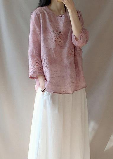 Organic Pink Print Blouses for O Neck Chinese Button Daily Tops