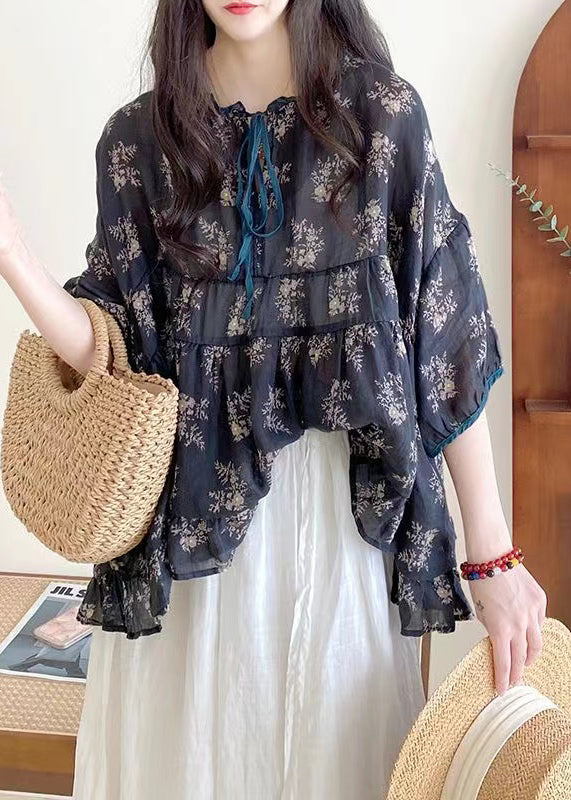 Organic Brown Texture Ruffled Print Lace Up Cotton Shirts Half Sleeve