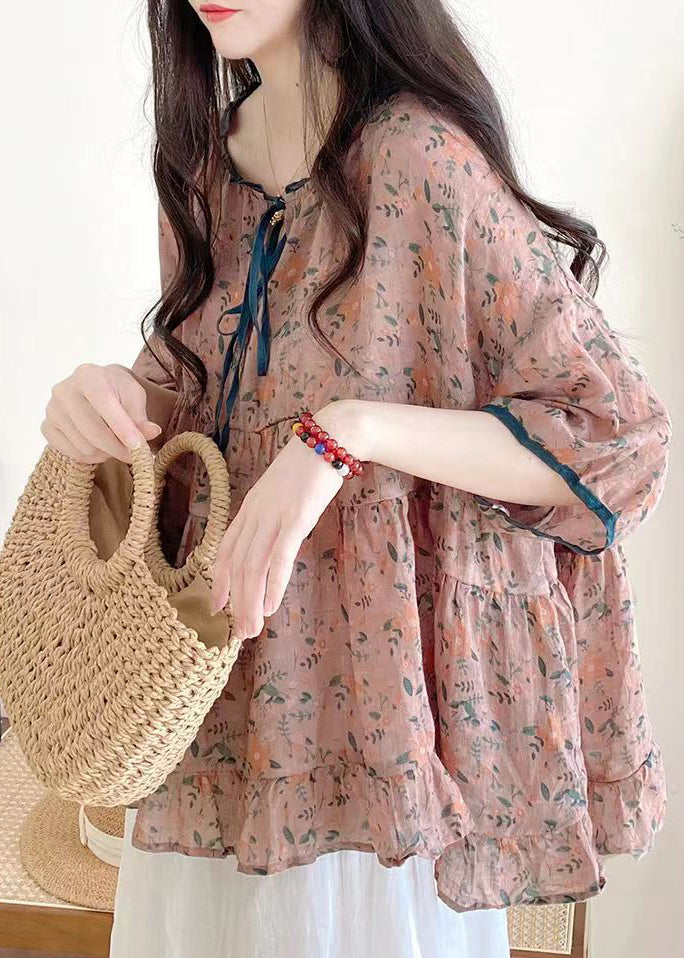 Organic Brown Texture Ruffled Print Lace Up Cotton Shirts Half Sleeve
