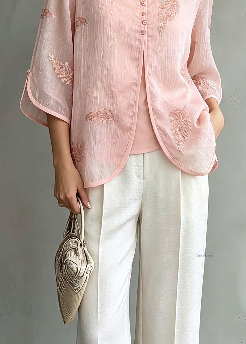 Organic Pink V Neck Print Chiffon Shirts Three Quarter Sleeve