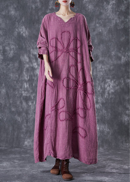 Organic Purple Embroideried Linen Maxi Dresses Fall