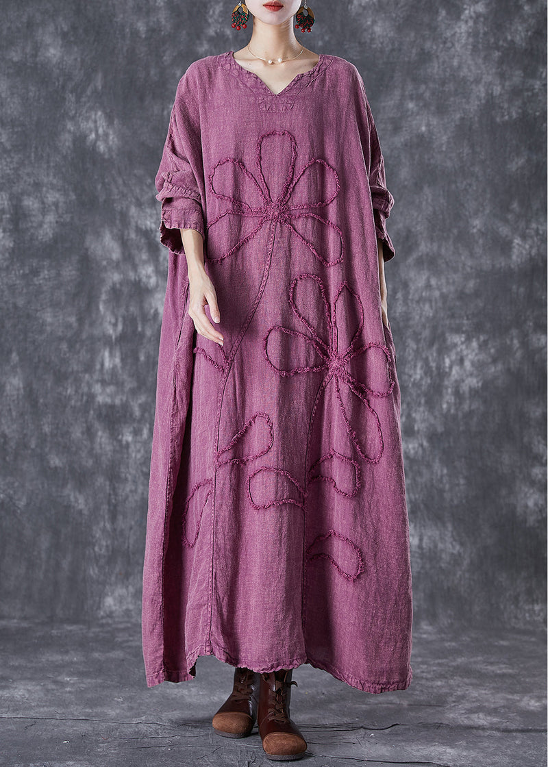 Organic Purple Embroideried Linen Maxi Dresses Fall