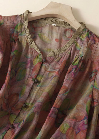 Organic Purple Print Ruffled Patchwork Linen Tops Summer