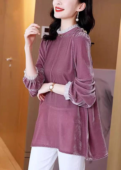 Organic Purple Stand Collar Silk Velour T Shirt Spring