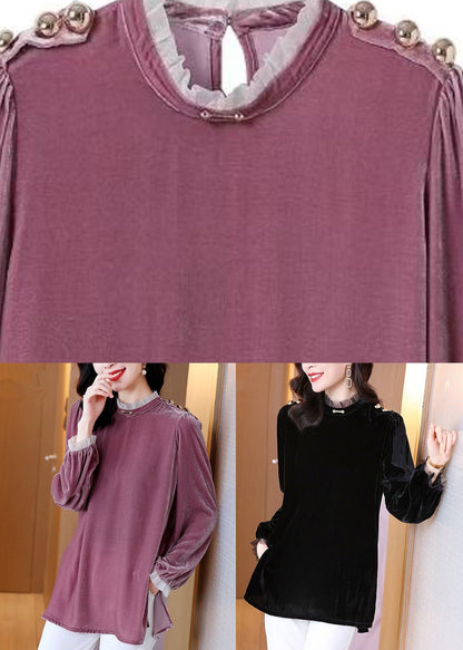 Organic Purple Stand Collar Silk Velour T Shirt Spring