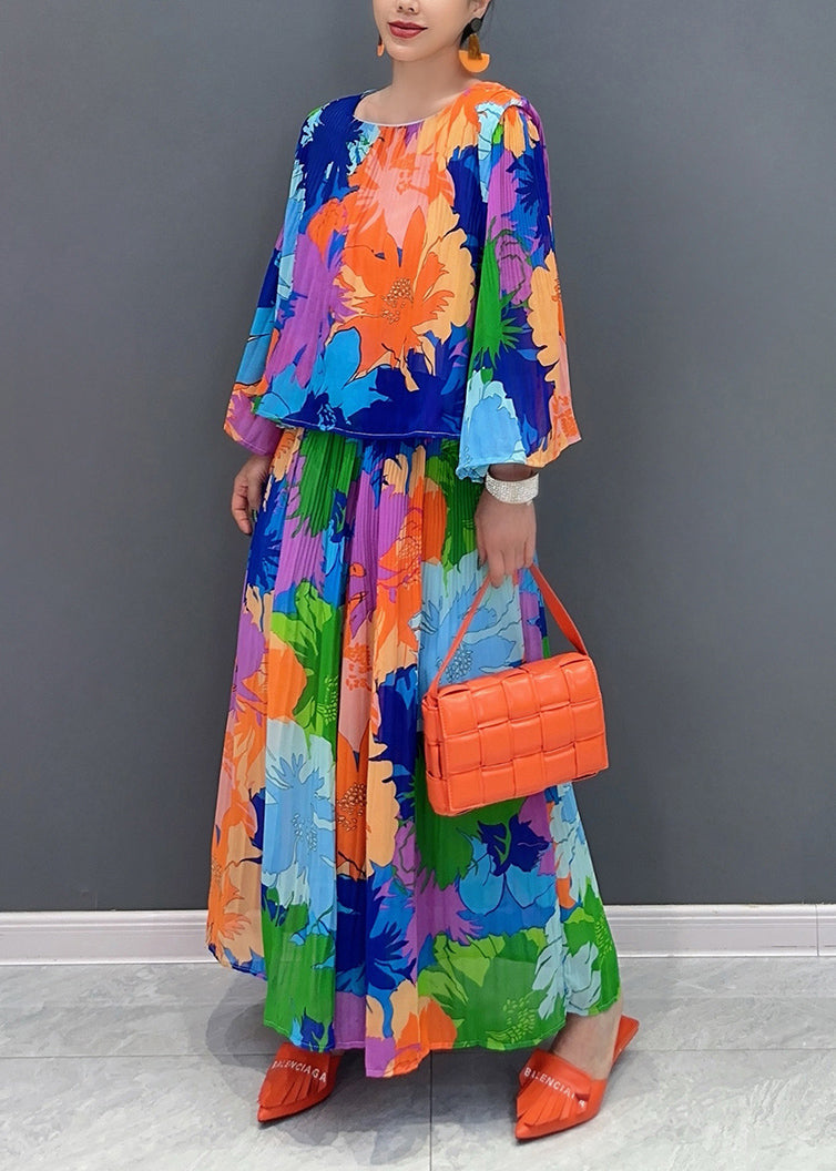 Organic Rainbow O-neck Print Top and Wide Leg Pants Two Piece Suit Set Fall