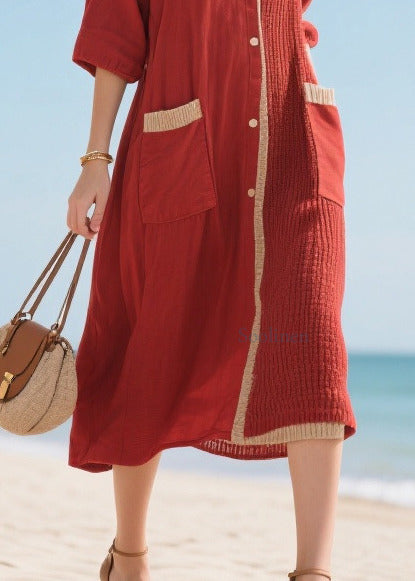 Organic Red Asymmetrical Patchwork Cotton Maxi Dresses Half Sleeve