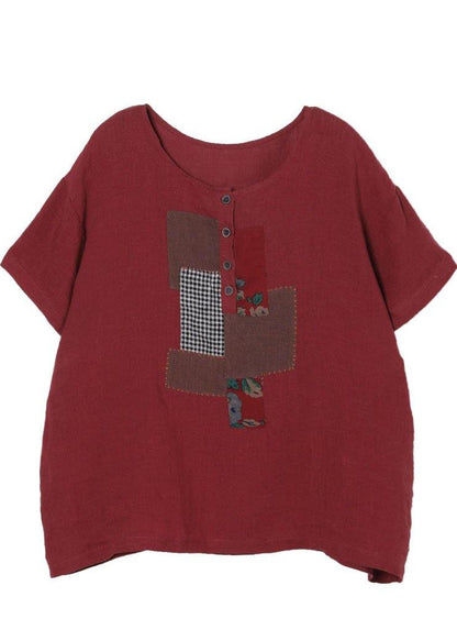 Organic Red Button Short Sleeve Cotton Linen Shirt Tops