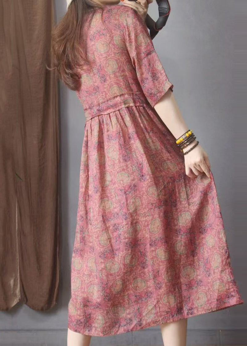 Organic Red Cinched Print Linen Dresses Summer