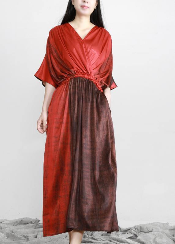 Organic Red Drawstring V Neck Silk Dress