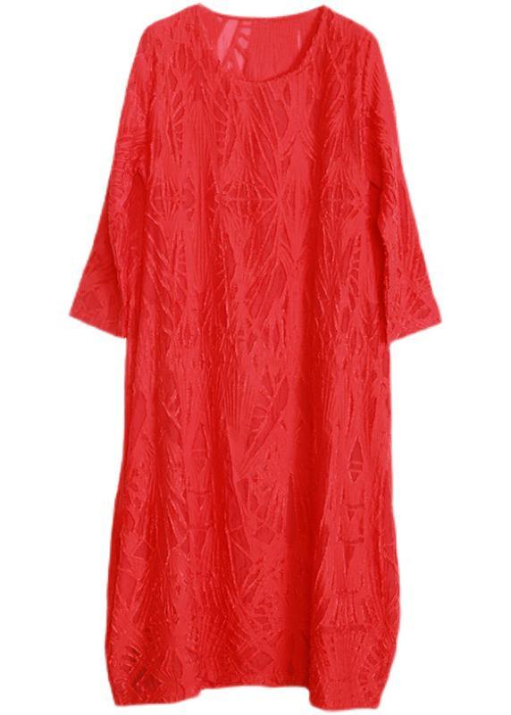 Organic Red Jacquard O-neck Loose Silk Dress Summer