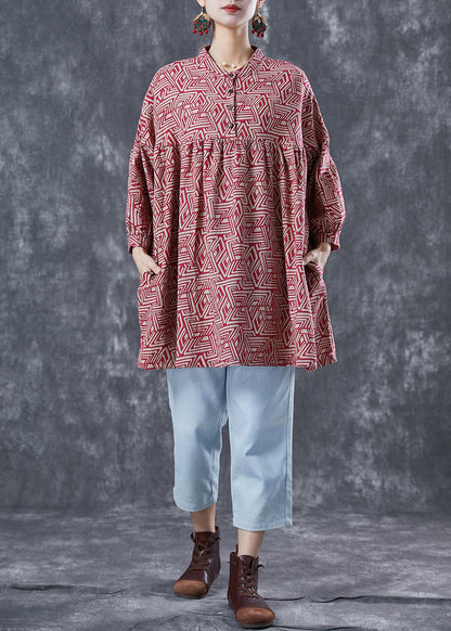 Organic Red Oversized Print Cotton a Line Dress Summer