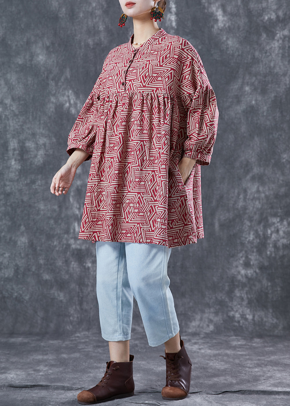 Organic Red Oversized Print Cotton a Line Dress Summer