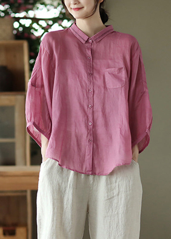 Organic Rose Patchwork Button Ramie Top Long Sleeve