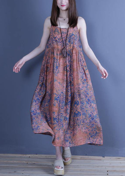 Organic Spaghetti Strap Cotton Summer Tunics Shirts Blue Print a Line Dress