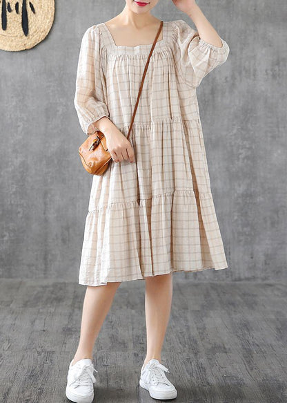 Organic Square Collar Patchwork Linen Cotton Clothes Linen Beige Plaid Dresses