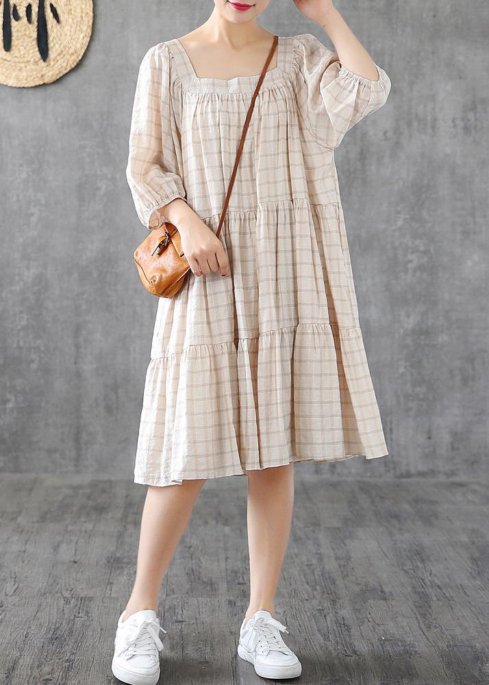 Organic Square Collar Patchwork Linen Cotton Clothes Linen Beige Plaid Dresses