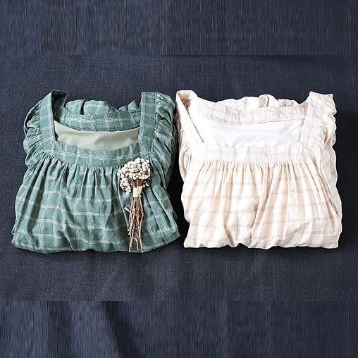 Organic Square Collar Patchwork Linen Cotton Clothes Linen Beige Plaid Dresses