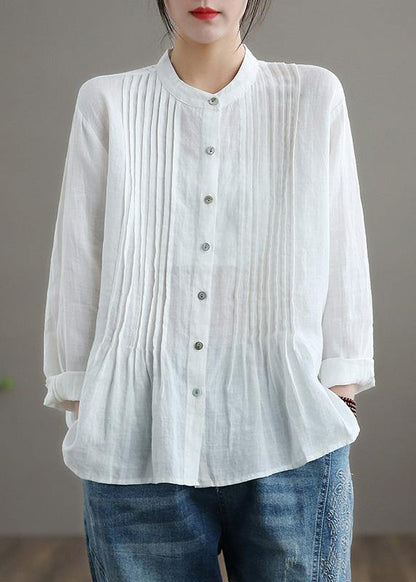 Organic White-flower Linen Shirt Tunics Women Ramie Blouse