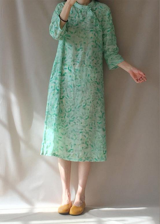 Organic Stand Collar Pockets Tunics Work Outfits Green Leaves Robe Dress