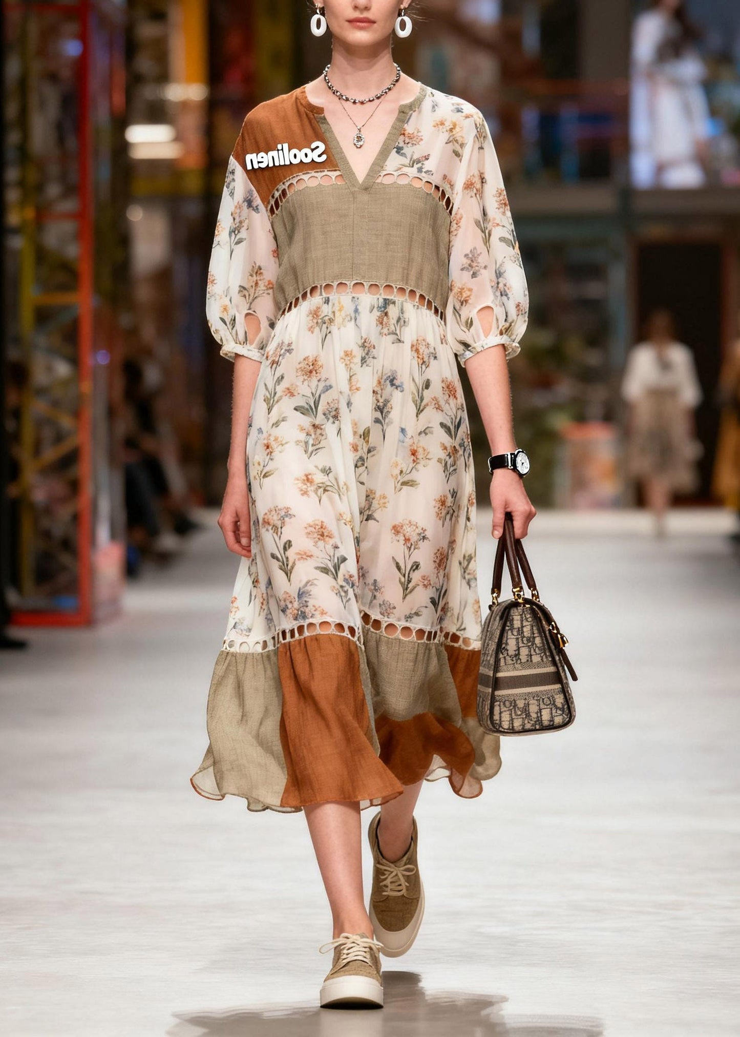 Organic V Neck Print Vacation Long Dresses Lanter Sleeve