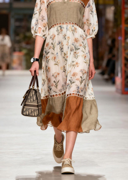 Organic V Neck Print Vacation Long Dresses Lanter Sleeve