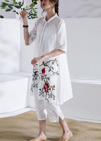 Organic White Button Print Summer Ramie Loose Coat Half Sleeve