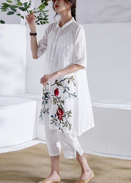 Organic White Button Print Summer Ramie Loose Coat Half Sleeve