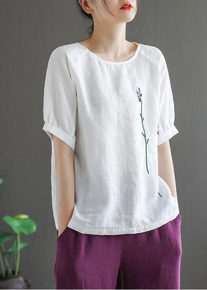 Organic White O-neck Embroideried Linen Tank Tops Short Sleeve